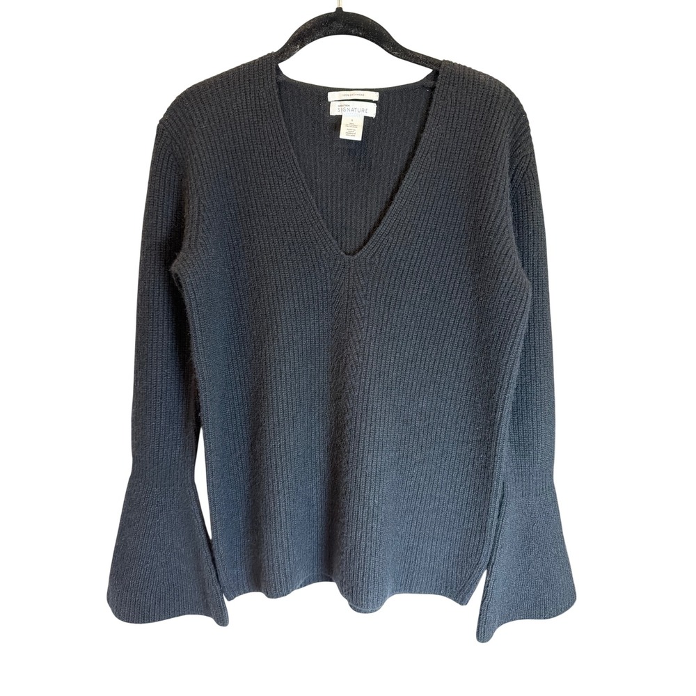 Nordstrom Signature Black 100% Cashmere Ribbed V-Neck Bell Sleeve Sweater Small